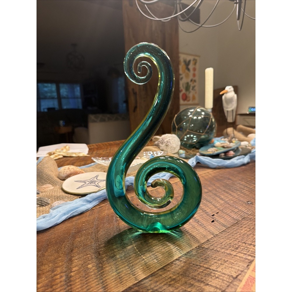 MURANO STULE ART GLASS SWIRL  Teal Green Abstract Free Form Sculpture 11"